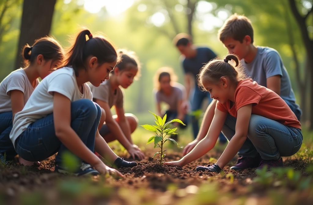 Image inspiring community action or support, showing people planting trees or collaborating on a community project.